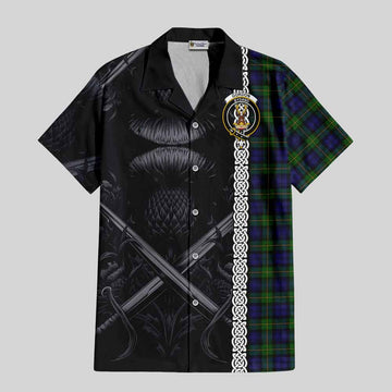 Gordon Tartan Hawaiian Shirt with Family Crest Cross Sword Thistle Celtic Vibes