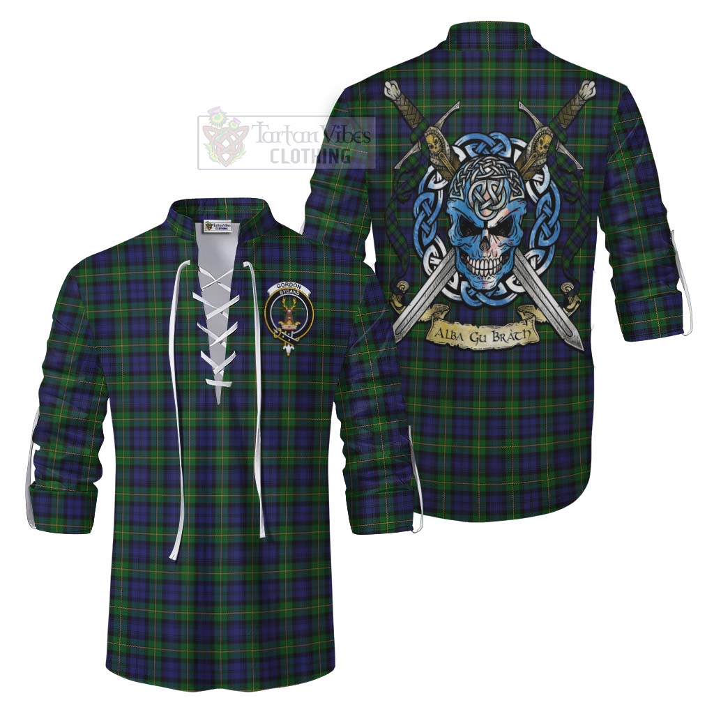 Tartan Vibes Clothing Gordon Tartan Ghillie Kilt Shirt with Family Crest Celtic Skull Style