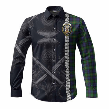 Gordon Tartan Long Sleeve Button Shirt with Family Crest Cross Sword Thistle Celtic Vibes