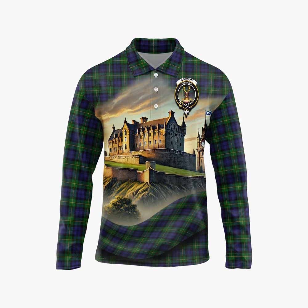 Tartan Vibes Clothing Gordon Tartan Family Crest Long Sleeve Polo Shirt with Scottish Ancient Castle Style