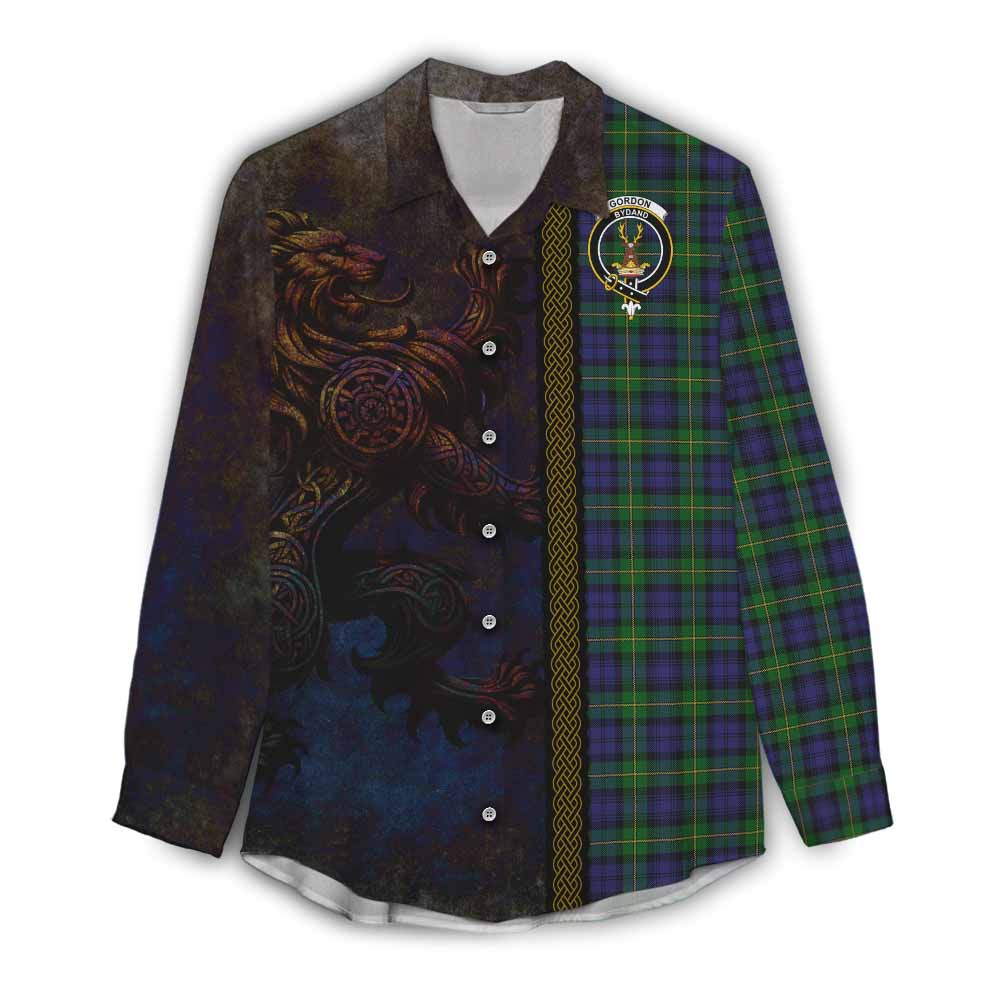 Tartan Vibes Clothing Gordon Tartan Family Crest Women's Casual Shirt Alba Gu Brath Be Brave Lion Ancient Style