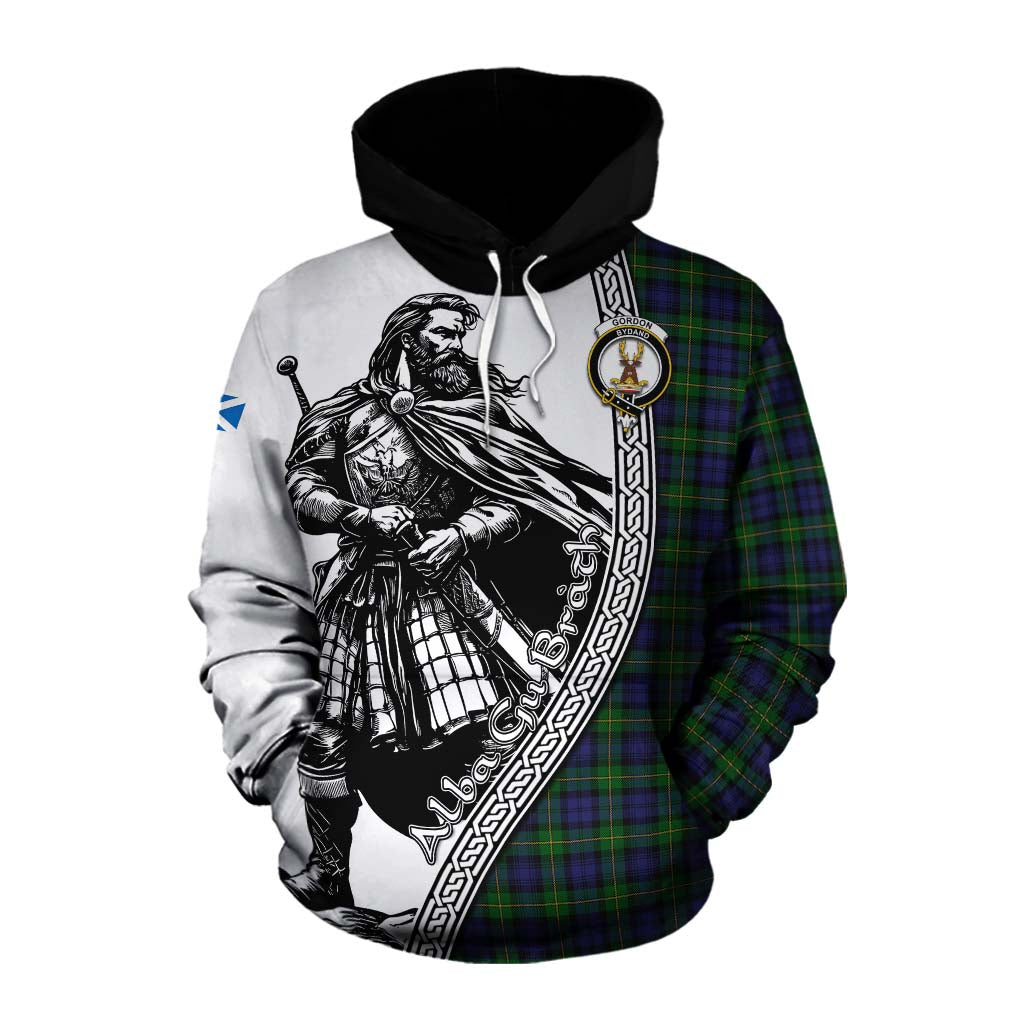 Tartan Vibes Clothing Gordon Tartan Clan Crest Cotton Hoodie with Highlander Warrior Celtic Style