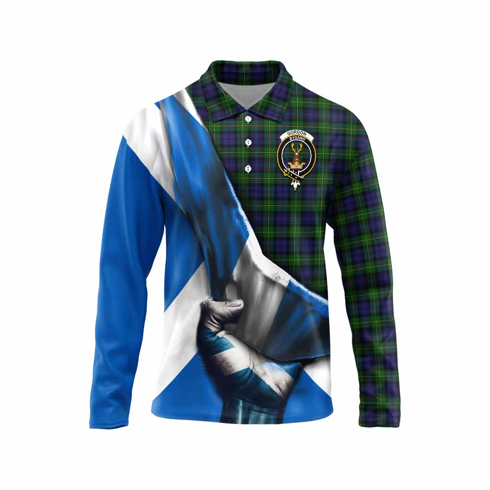 Tartan Vibes Clothing Gordon Tartan Long Sleeve Polo Shirt with Family Crest Scotland Patriotic Style