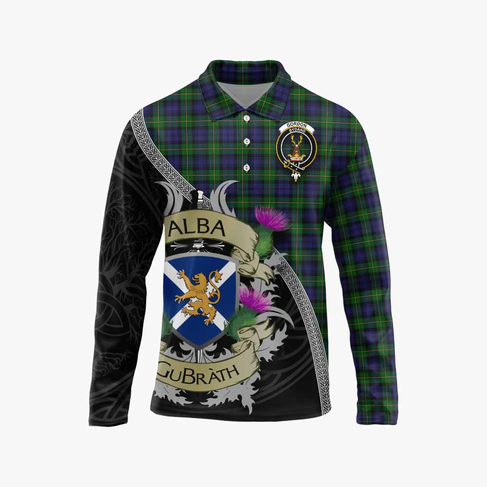 Tartan Vibes Clothing Gordon Tartan Family Crest Long Sleeve Polo Shirt Lion Rampant Royal Thistle Shield Celtic Inspired