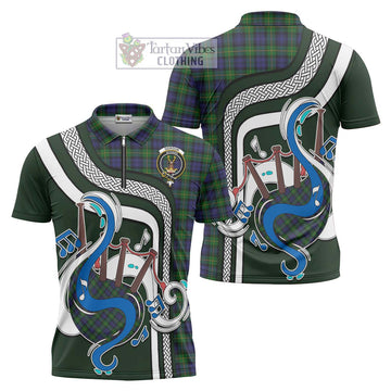 Gordon Tartan Zipper Polo Shirt with Epic Bagpipe Style Unisex - Tartanvibesclothing Shop