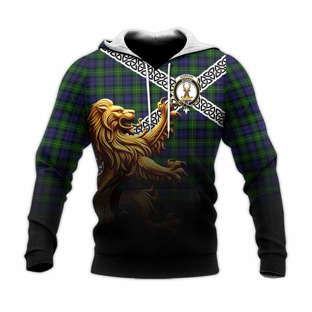 Tartan Vibes Clothing Gordon Crest Tartan Knitted Hoodie with Golden Lion Emblem Celtic Style