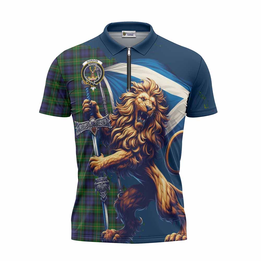 Tartan Vibes Clothing Gordon Tartan Family Crest Zipper Polo Shirt with Scottish Majestic Lion