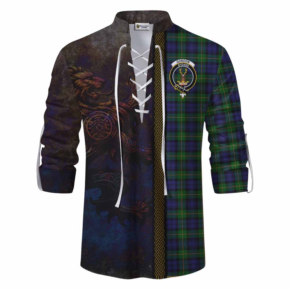 Tartan Vibes Clothing Gordon Tartan Family Crest Ghillie Kilt Shirt Alba Gu Brath Be Brave Lion Ancient Style