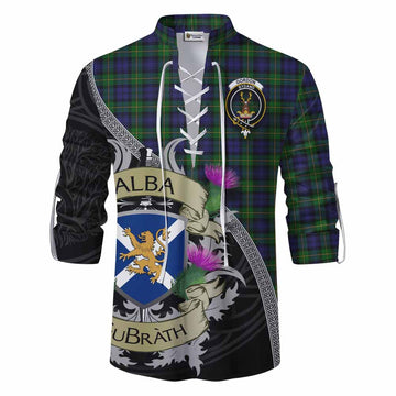 Gordon Tartan Family Crest Ghillie Kilt Shirt Lion Rampant Royal Thistle Shield Celtic Inspired