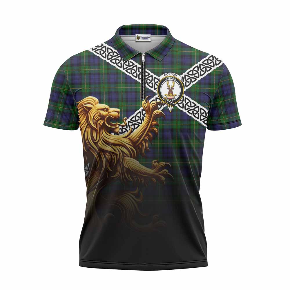 Tartan Vibes Clothing Gordon Crest Tartan Zipper Polo Shirt with Golden Lion Emblem Celtic Style