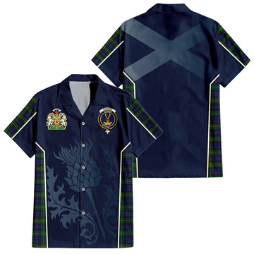 Gordon Tartan Short Sleeve Button Up Shirt with Family Crest and Scottish Thistle Vibes Sport Style