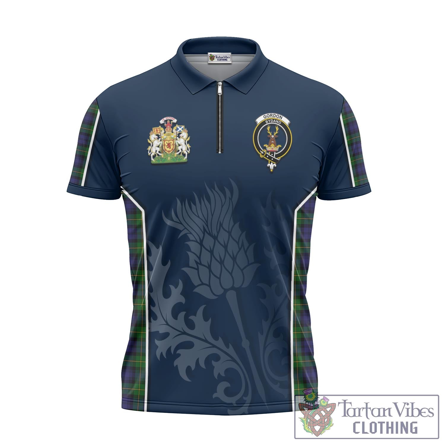Tartan Vibes Clothing Gordon Tartan Zipper Polo Shirt with Family Crest and Scottish Thistle Vibes Sport Style