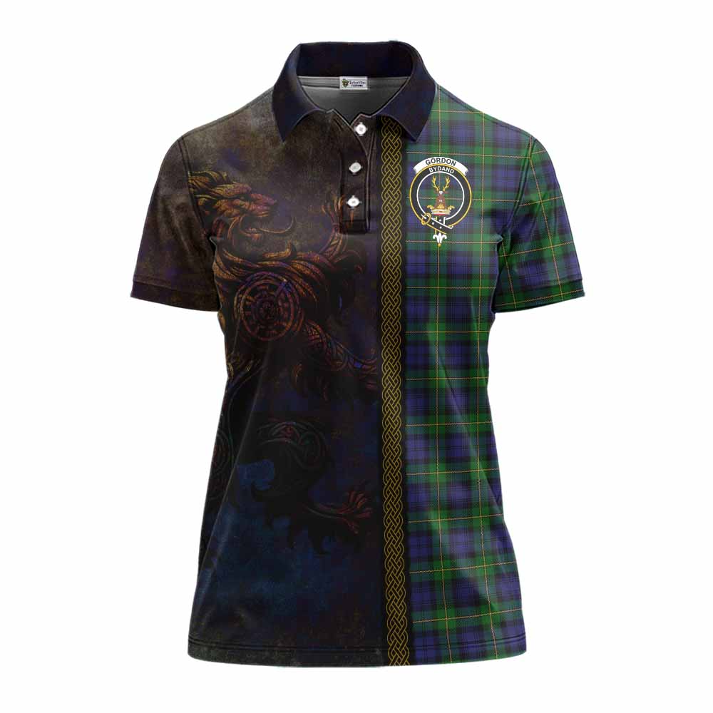 Tartan Vibes Clothing Gordon Tartan Family Crest Women's Polo Shirt Alba Gu Brath Be Brave Lion Ancient Style