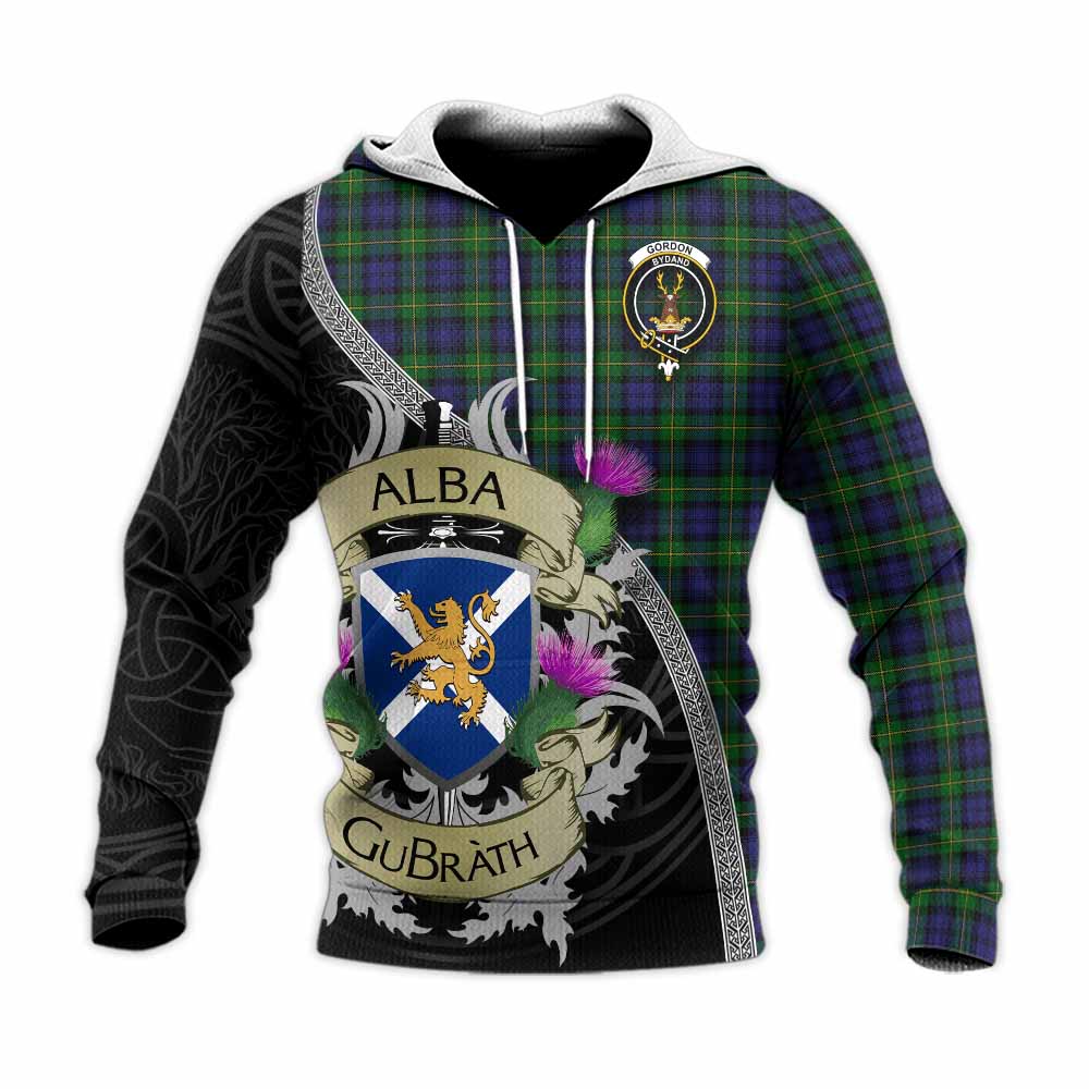 Tartan Vibes Clothing Gordon Tartan Family Crest Knitted Hoodie Lion Rampant Royal Thistle Shield Celtic Inspired