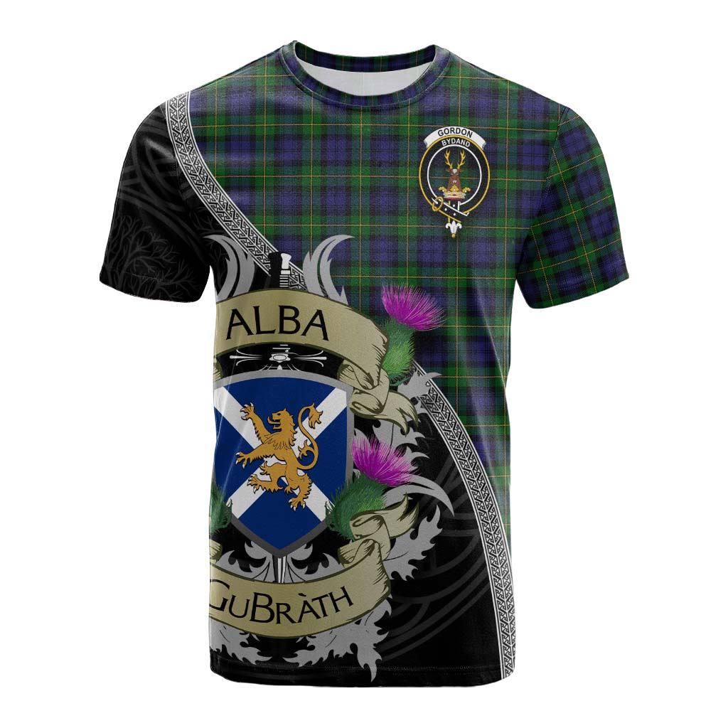 Tartan Vibes Clothing Gordon Tartan Family Crest Cotton T-shirt Lion Rampant Royal Thistle Shield Celtic Inspired