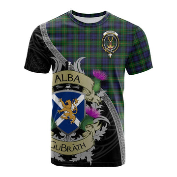 Gordon Tartan Family Crest Cotton T-shirt Lion Rampant Royal Thistle Shield Celtic Inspired