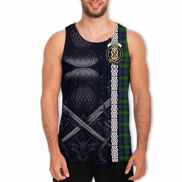 Tartan Vibes Clothing Gordon Tartan Men's Tank Top with Family Crest Cross Sword Thistle Celtic Vibes