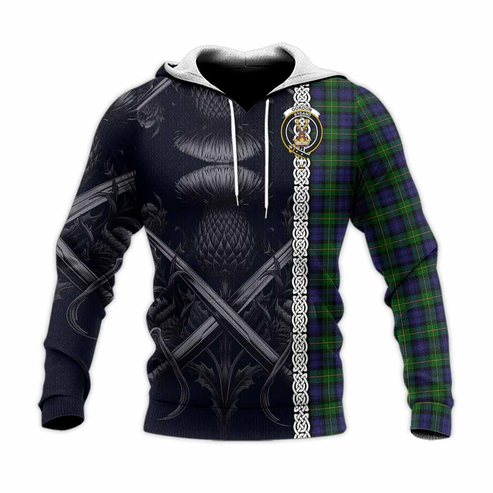 Tartan Vibes Clothing Gordon Tartan Knitted Hoodie with Family Crest Cross Sword Thistle Celtic Vibes