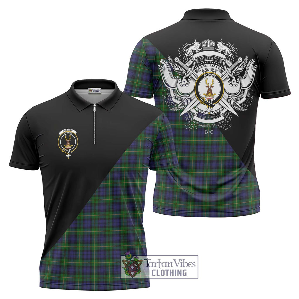 Gordon Tartan Zipper Polo Shirt with Family Crest and Military Logo Style Unisex - Tartanvibesclothing Shop
