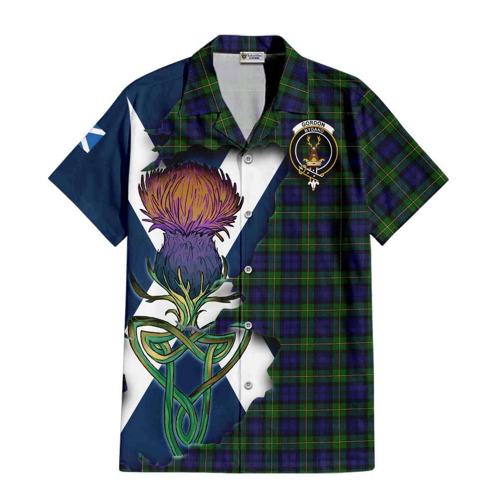 Tartan Vibes Clothing Gordon Tartan Family Crest Short Sleeve Button Shirt Scottish Thistle Celtic Inspired