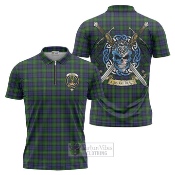 Tartan Vibes Clothing Gordon Tartan Zipper Polo Shirt with Family Crest Celtic Skull Style