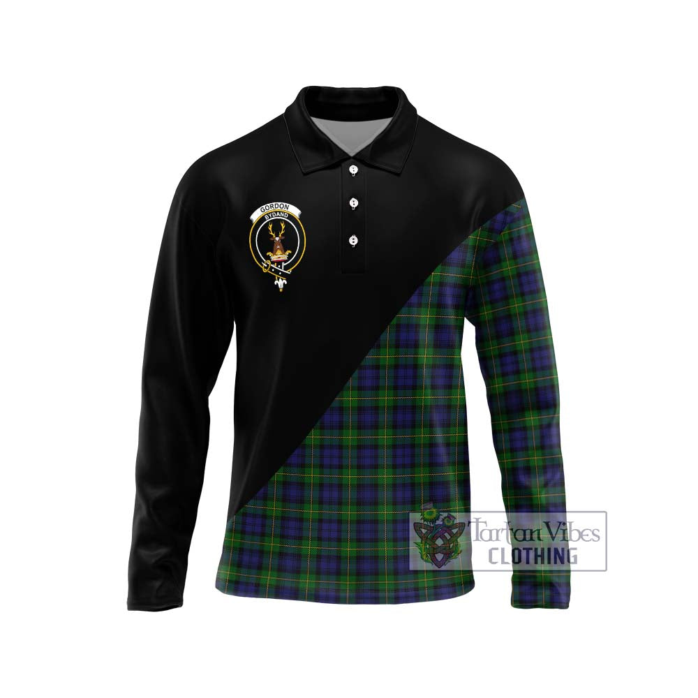 Gordon Tartan Long Sleeve Polo Shirt with Family Crest and Military Logo Style Unisex - Tartanvibesclothing Shop