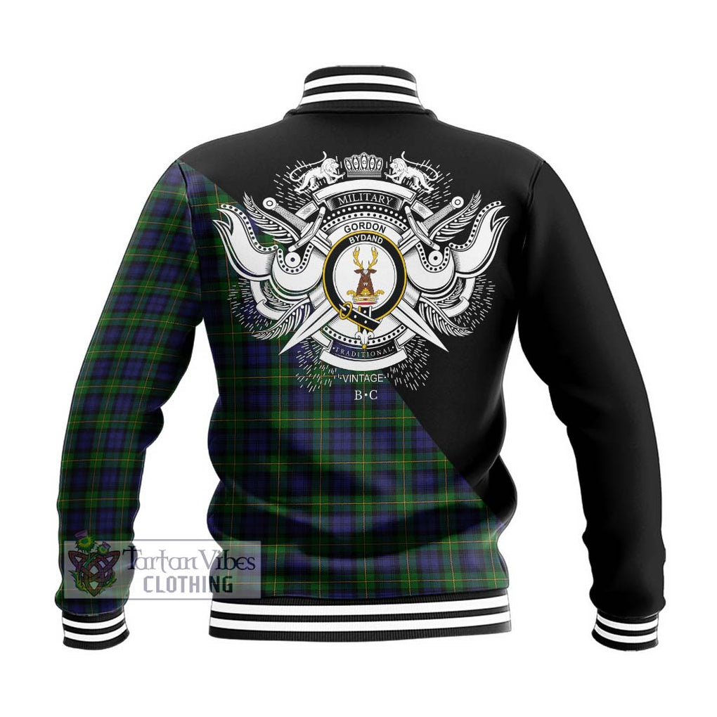 Gordon Tartan Baseball Jacket with Family Crest and Military Logo Style - Tartan Vibes Clothing