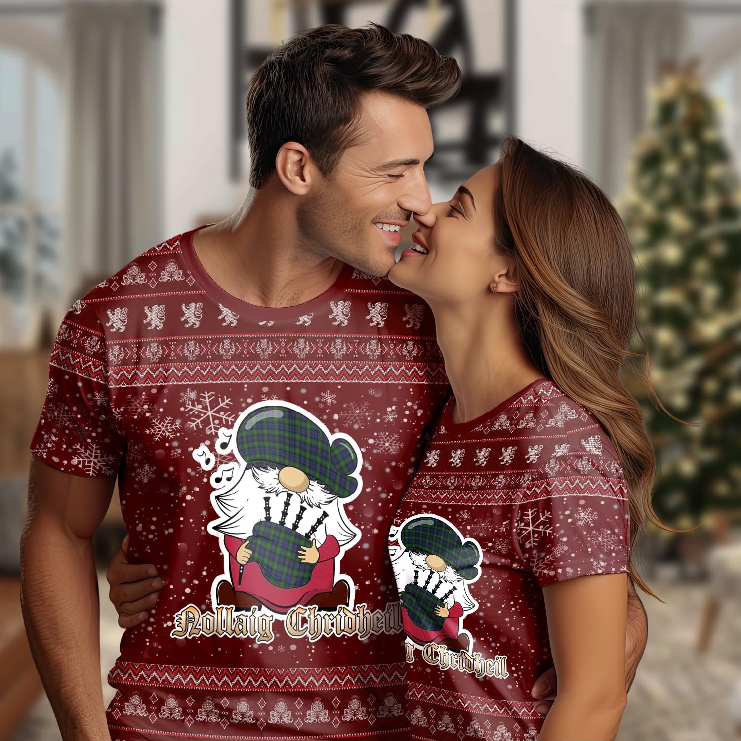 Gordon Clan Christmas Family T-Shirt with Funny Gnome Playing Bagpipes Women's Shirt Red - Tartanvibesclothing