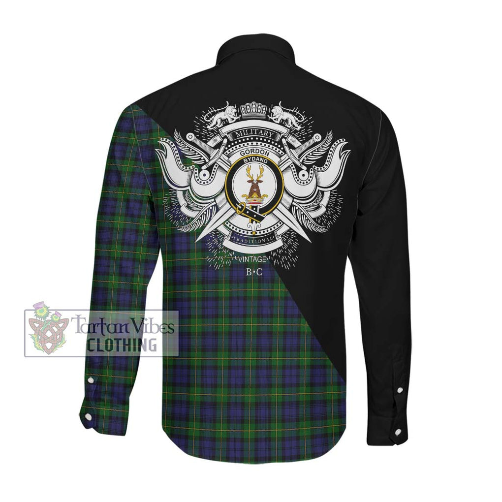 Gordon Tartan Long Sleeve Button Shirt with Family Crest and Military Logo Style Men's Shirt - Tartan Vibes Clothing