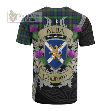 Gordon Tartan Family Crest Cotton T-shirt Lion Rampant Royal Thistle Shield Celtic Inspired