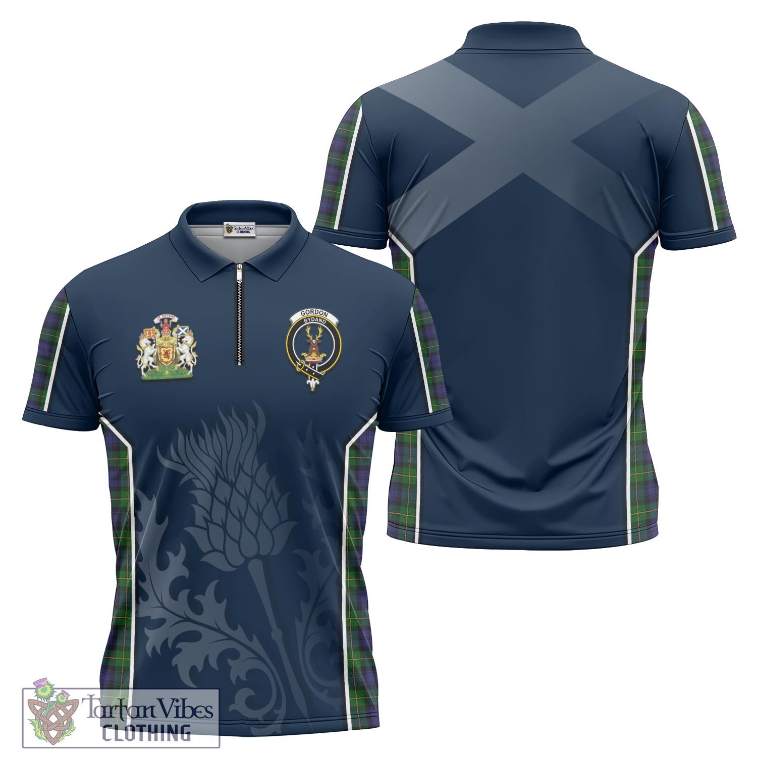 Tartan Vibes Clothing Gordon Tartan Zipper Polo Shirt with Family Crest and Scottish Thistle Vibes Sport Style