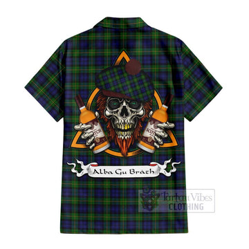 Tartan Vibes Clothing Gordon Tartan Short Sleeve Button Shirt with Family Crest and Bearded Skull Holding Bottles of Whiskey