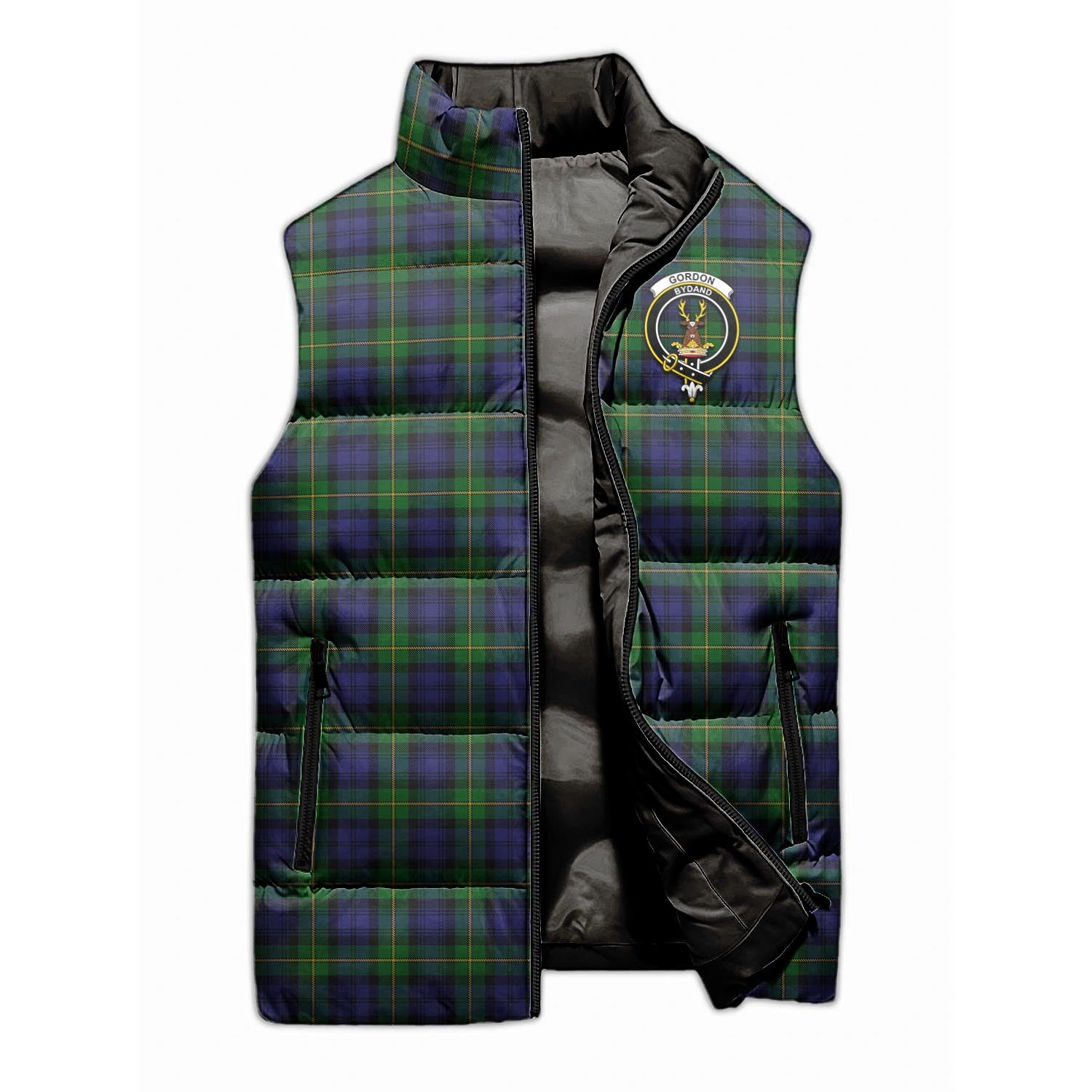 Gordon Tartan Sleeveless Puffer Jacket with Family Crest - Tartan Vibes Clothing