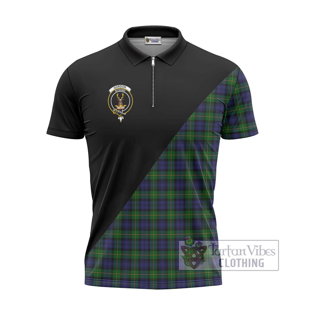 Gordon Tartan Zipper Polo Shirt with Family Crest and Military Logo Style - Tartanvibesclothing Shop