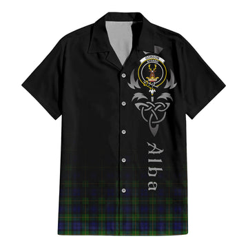 Gordon Tartan Short Sleeve Button Up Featuring Alba Gu Brath Family Crest Celtic Inspired