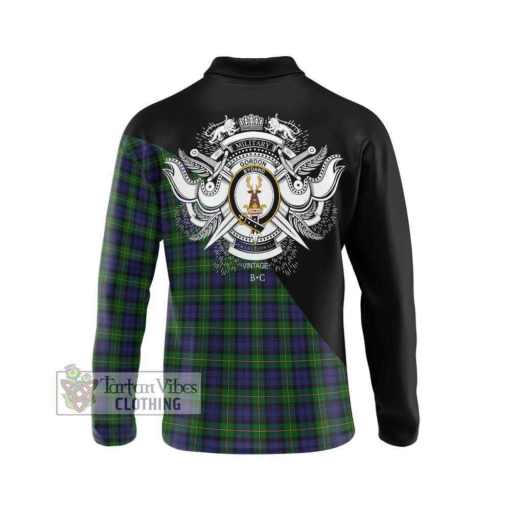 Gordon Tartan Long Sleeve Polo Shirt with Family Crest and Military Logo Style - Tartanvibesclothing Shop