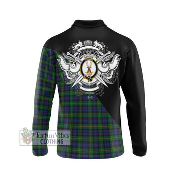 Gordon Tartan Long Sleeve Polo Shirt with Family Crest and Military Logo Style