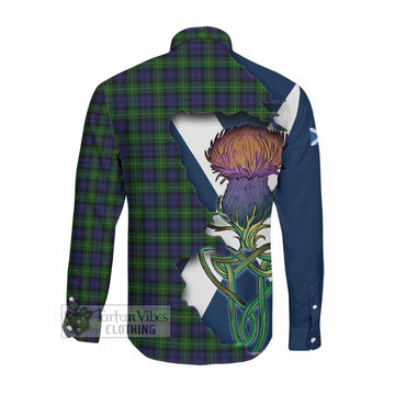 Gordon Tartan Family Crest Long Sleeve Button Shirt Scottish Thistle Celtic Inspired