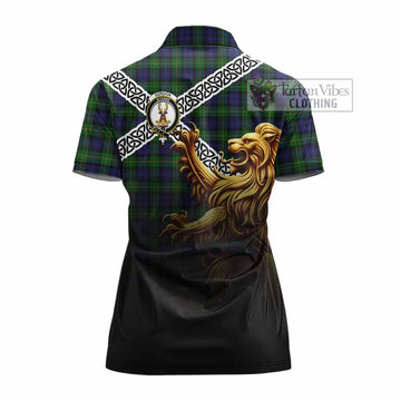 Gordon Crest Tartan Women's Polo Shirt with Golden Lion Emblem Celtic Style