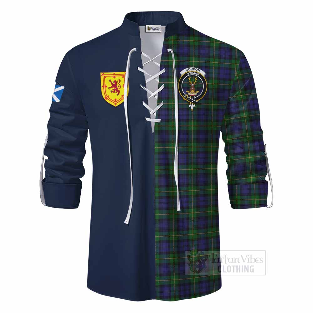 Gordon Tartan Ghillie Kilt Shirt Alba with Scottish Lion Royal Arm Half Style