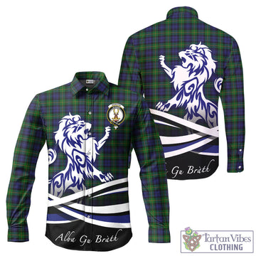 Gordon Tartan Long Sleeve Button Up Shirt with Alba Gu Brath Regal Lion Emblem