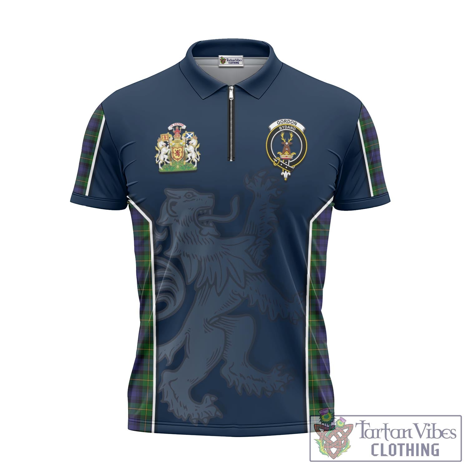 Tartan Vibes Clothing Gordon Tartan Zipper Polo Shirt with Family Crest and Lion Rampant Vibes Sport Style