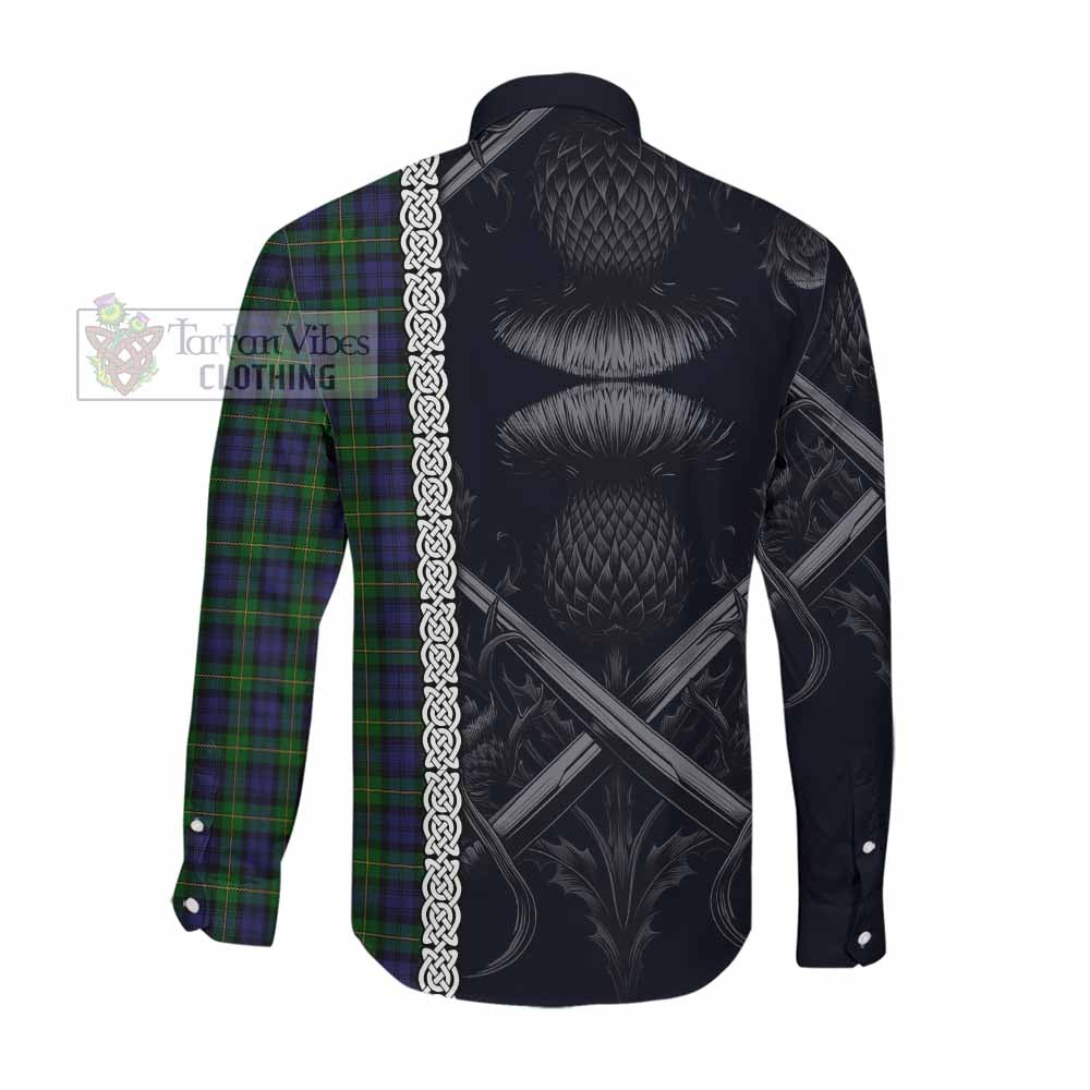 Tartan Vibes Clothing Gordon Tartan Long Sleeve Button Shirt with Family Crest Cross Sword Thistle Celtic Vibes