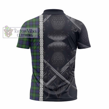 Gordon Tartan Zipper Polo Shirt with Family Crest Cross Sword Thistle Celtic Vibes