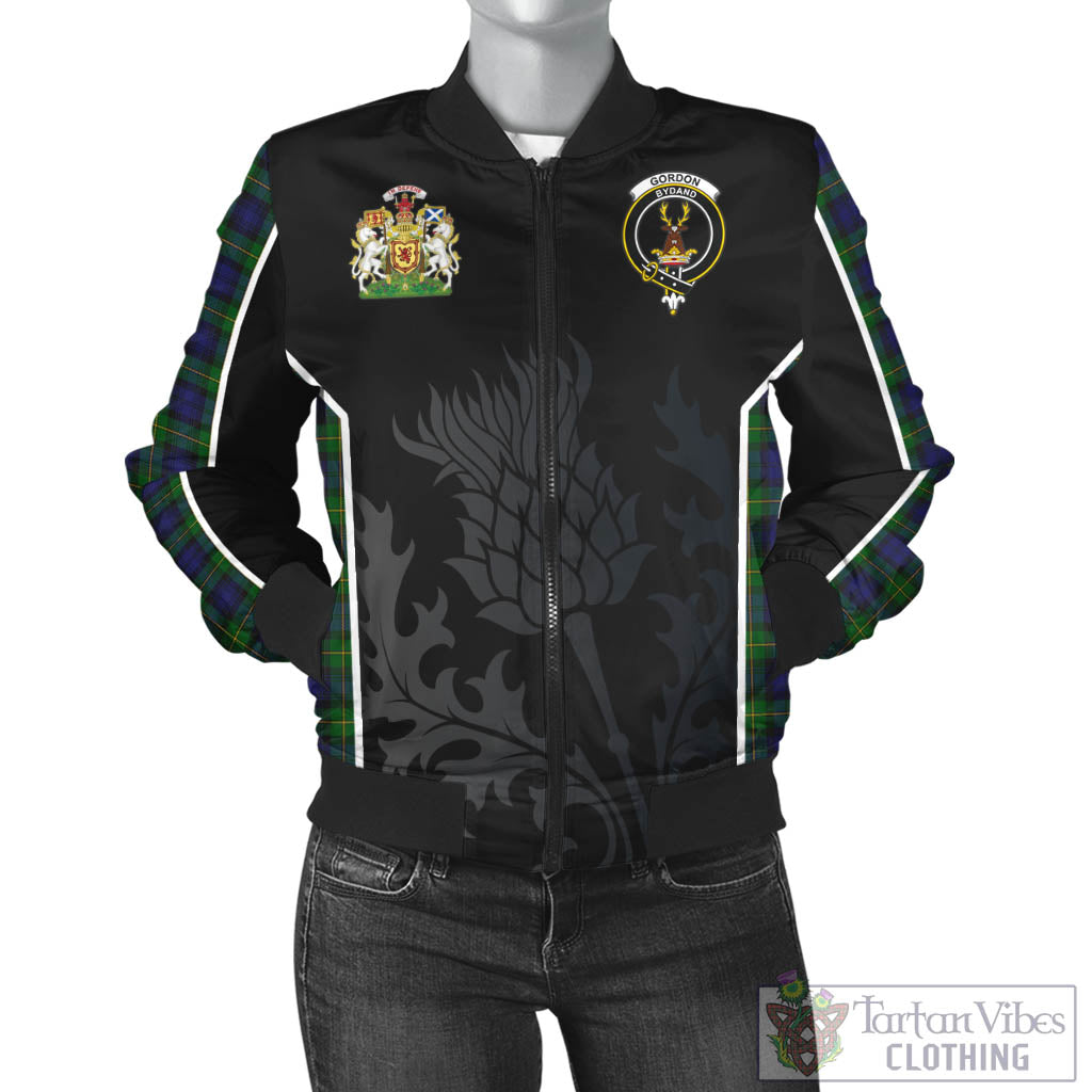 Tartan Vibes Clothing Gordon Tartan Bomber Jacket with Family Crest and Scottish Thistle Vibes Sport Style
