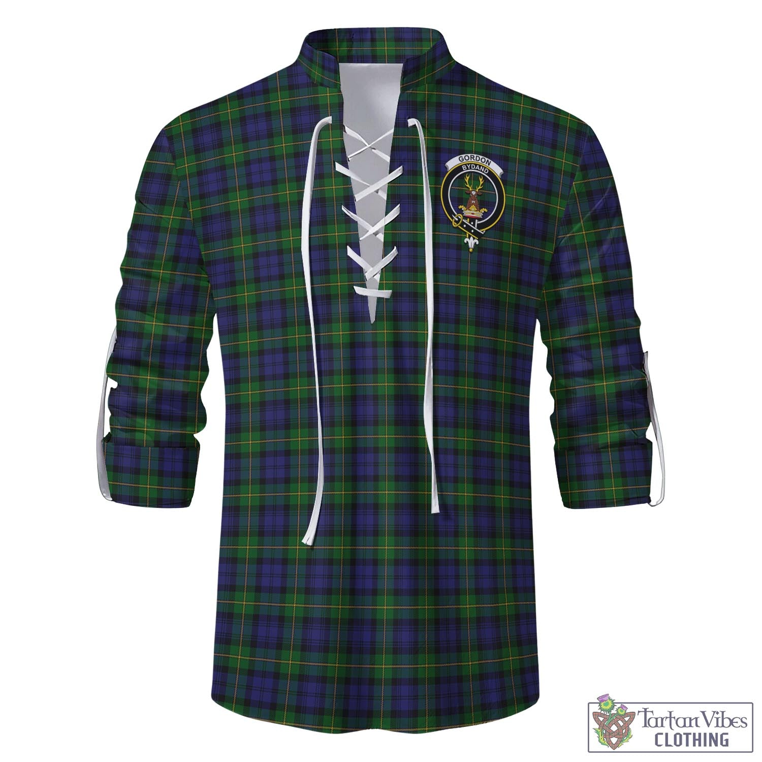 Tartan Vibes Clothing Gordon Tartan Men's Scottish Traditional Jacobite Ghillie Kilt Shirt with Family Crest