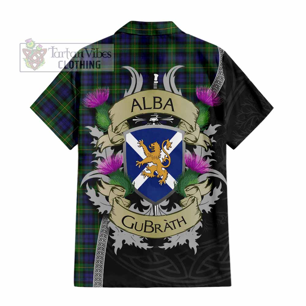 Tartan Vibes Clothing Gordon Tartan Family Crest Short Sleeve Button Shirt Lion Rampant Royal Thistle Shield Celtic Inspired