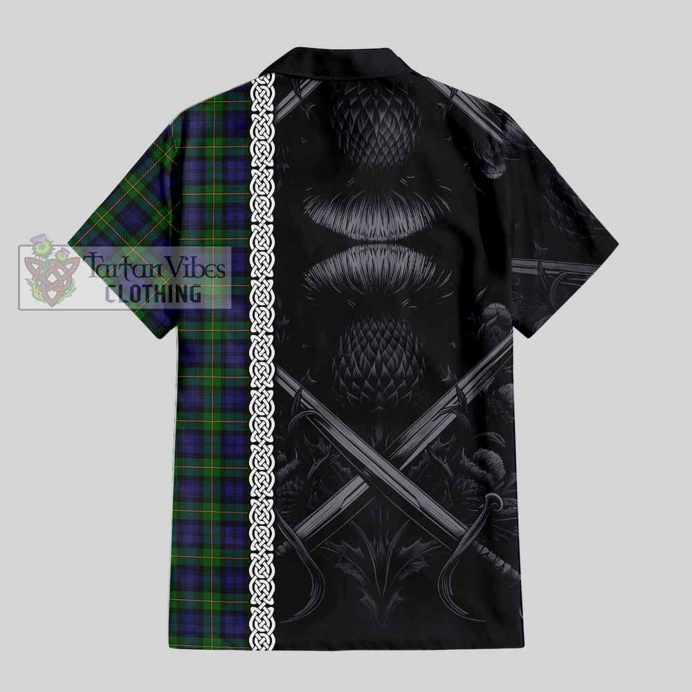 Tartan Vibes Clothing Gordon Tartan Short Sleeve Button Shirt with Family Crest Cross Sword Thistle Celtic Vibes