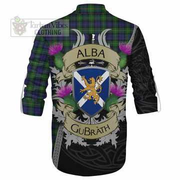 Gordon Tartan Family Crest Ghillie Kilt Shirt Lion Rampant Royal Thistle Shield Celtic Inspired