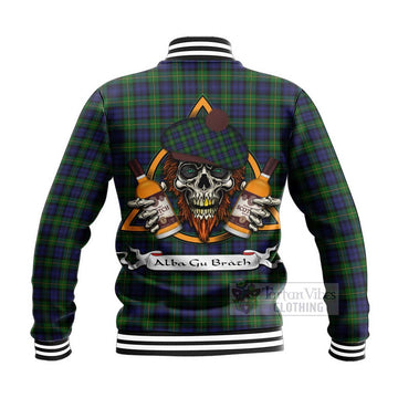 Gordon Tartan Baseball Jacket with Family Crest and Bearded Skull Holding Bottles of Whiskey